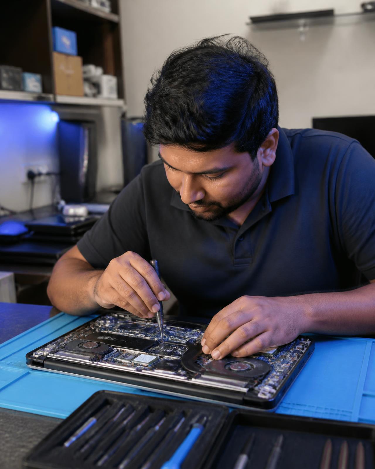 IT technician repairing a laptop at a workbench in Nashik
