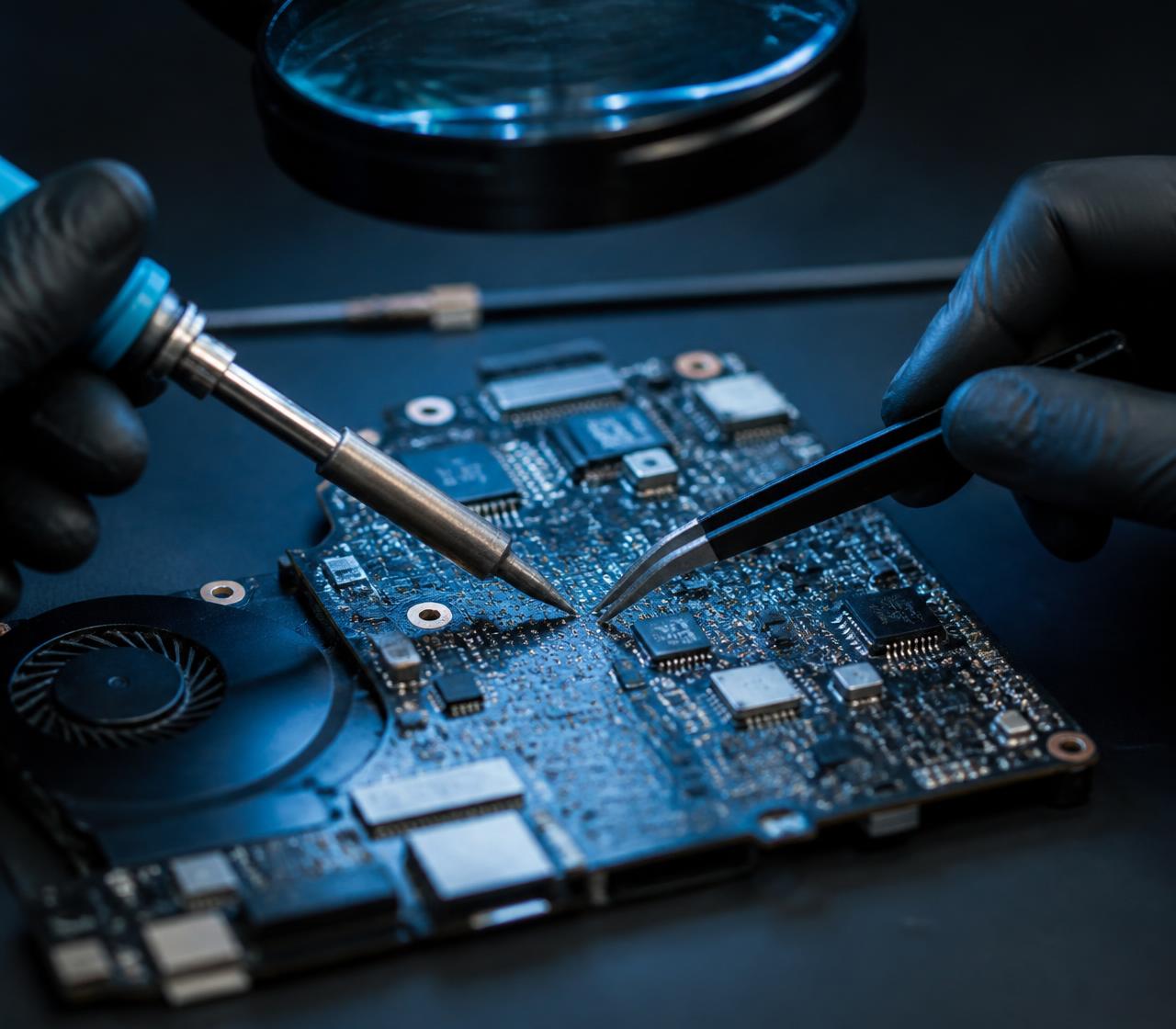 Close-up of chip level motherboard repair on a laptop in Nashik
